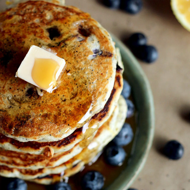 Vegan Lemon Poppy Seed Blueberry Pancakes - ilovevegan.com